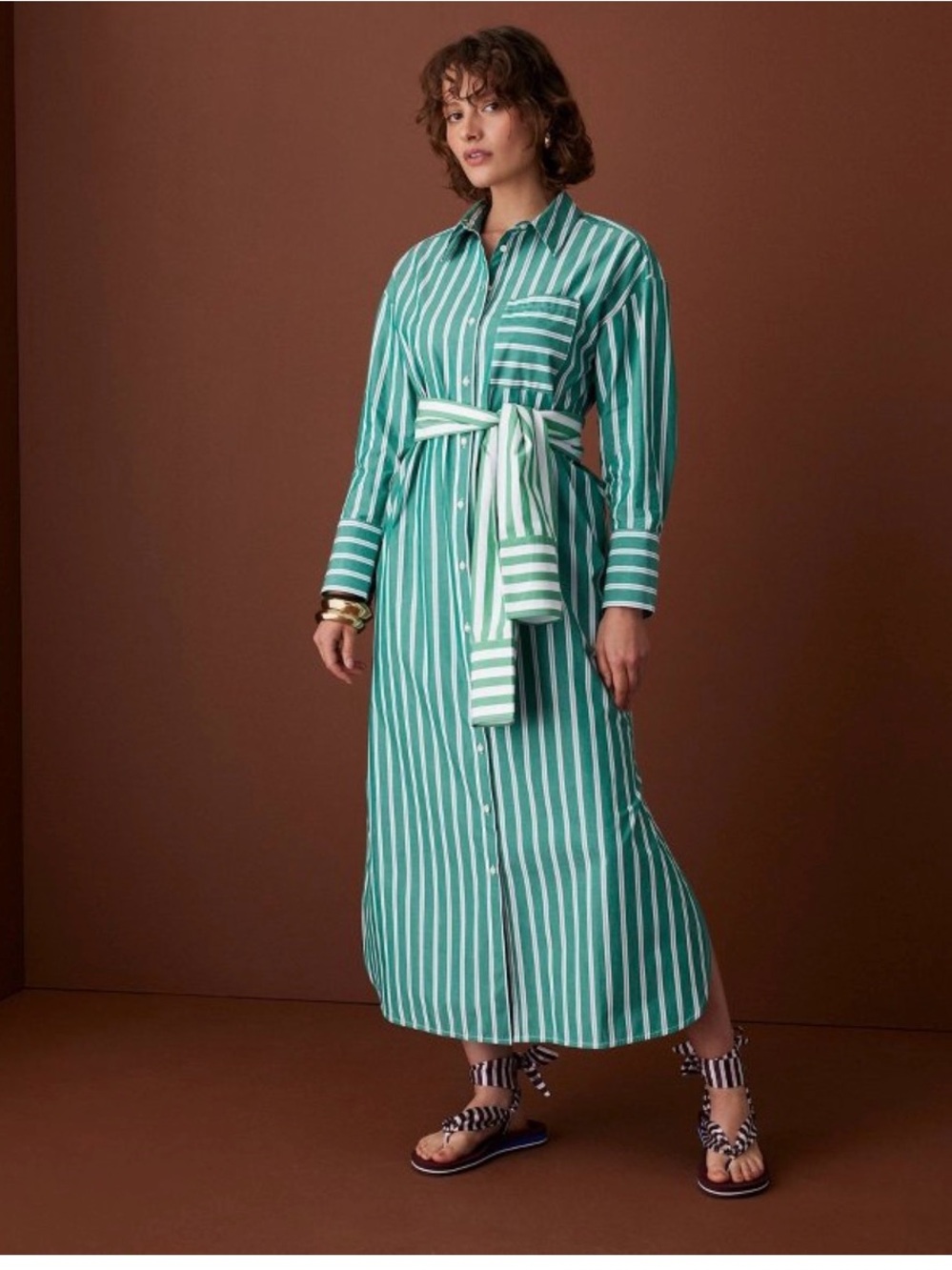 Rosie Assoulin Green and White Striped Long-Sleeve Shirt Dress